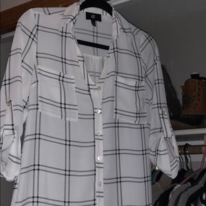 Sheer white and black plaid dress top